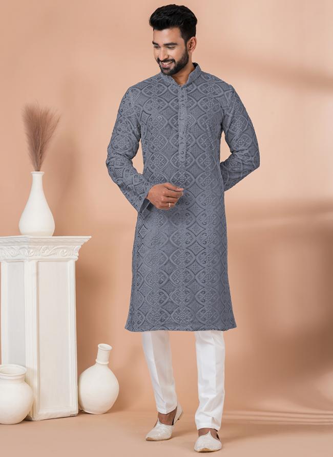 Viscose Grey Festival Wear Sequins Work Readymade Kurta Pajama